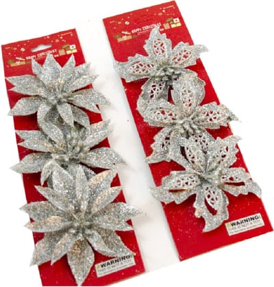 Gerimport Decoratie bloemen op clip - 6x stuks - zilver - kunststof - bloemen versiering