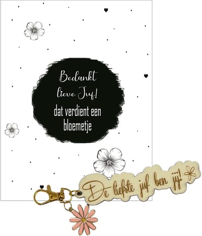 Sleutelhanger en kaartje JUF | roze | bloemen | jij bent de liefste | liefste juf | topjuf | einde schooljaar | cadeau