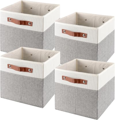Opvouwbare stoffen opbergkubussen 28 x 28 x 28 cm, handige vouwdozen voor speelgoed en kleding, met lederen handvat en zonder deksel
