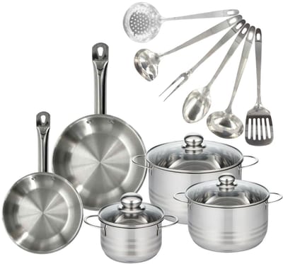 Set 2 pannen 20 en 24 cm roestvrij staal, 3 roestvrijstalen kookpotten 16, 20 en 24 cm en 6 roestvrijstalen keukengerei Fackelmann Eterna