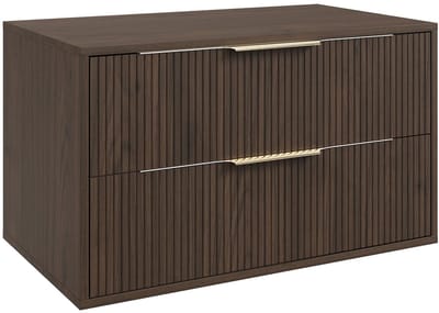 Badplaats Wastafelkast Rimini 80 cm – Walnoot Bruin – Hangend Badmeubel met 2 Lades en Gouden Handgrepen