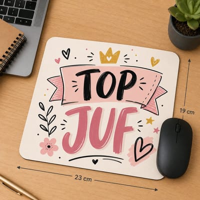Muismat Top Juf – 23 x 19 cm – Cadeau voor Juf – Juffendag Cadeau – Einde Schooljaar – Roze Bureau Accessoire