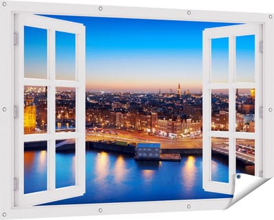 Gards Tuinposter Doorkijk Amsterdam Centrum in de Nacht - 150x100 cm - Tuindoek - Tuindecoratie - Wanddecoratie buiten - Tuinschilderij