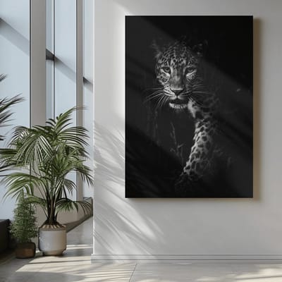 Canvas Schilderij - Luipaard - Zwart - Grijs - Wilde Dier - Wanddecoratie - 60x40x2 cm