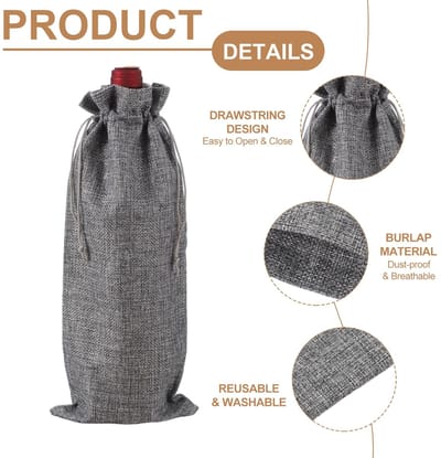 Jute zakjes voor wijn, cadeauzakjes voor wijnflessen met veters, flessenafdekking voor sterke drank voor bruiloft, Kerstmis, verjaardag, feest, gastgeschenken, grijs