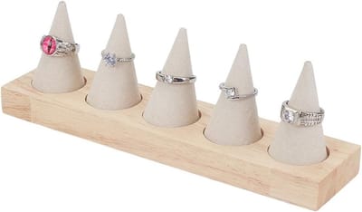Houten Ringhouder met 5 Cones, Velours Ringdisplay voor Sieraden, Perfect voor Bruiloften en Retail Exhibities, Sieradenopslag en Decoratie