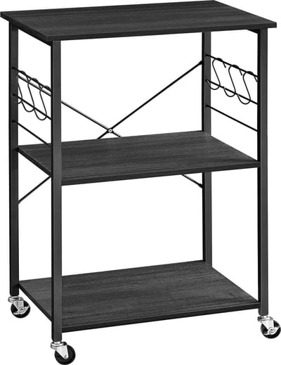 Keukentrolley op Wielen - Zwart Hout & Metaal - 60 x 40 cm - Serveerwagen met 3 Lagen - Keukenrek met Haken - Bakkerskast - Printertafel