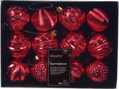 Decoris kerstballen gedecoreerd - 12x - 6 cm -kunststof - rood