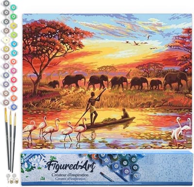 Figured'Art Schilderen op Nummer Volwassenen canvas Zonsondergang met olifanten - Handwerk acrylverf Kit DIY Compleet - 40x50cm zonder frame
