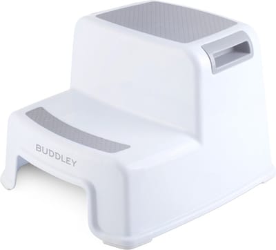 BUDDLEY Opstapje - Opstapkrukje Kind - Opstapje Kinderen - Opstapjes - Trapje - Krukje WC - Keuken - Opstapje - Toiletkrukje - Kindertoilet - Toilet krukje - WC Opstapje - Kind Opstapjes - Keukentrapje - 2 treden - Wit Grijs - Kunststof