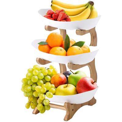3-laags fruitmand voor keuken keramische fruitschaal met bamboehouten standaard eenvoudige installatie 3-laags serveerstandaard snack dessert taartplateau bordenrek Plastic Tray wit