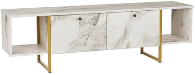 Vente-unique Tv-meubel met 2 deuren en 2 planken - Wit marmereffect en goudkleurig - DERANA