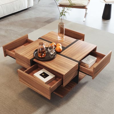DESMIU Salontafel - Vier Lades Met Uniek Lijnenpatroon En Onderplank - Voor Woonkamer En Ontspanningsruimte - Spaanplaat - Naturel - 78x78x36 Cm