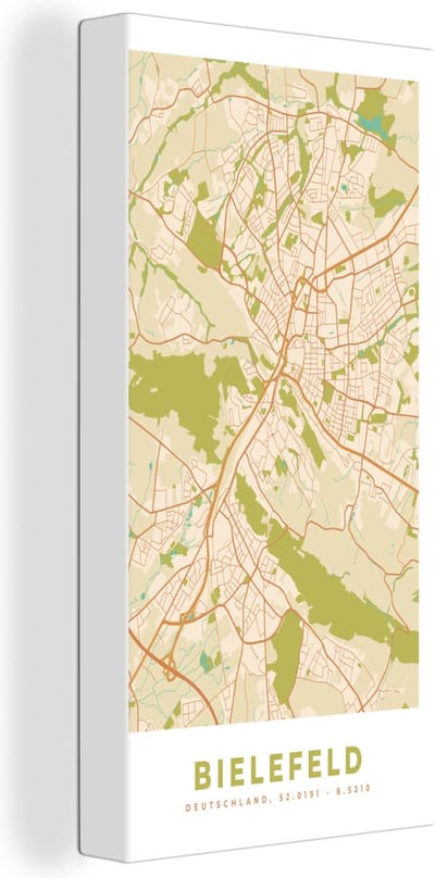 Canvas Schilderij Kaart - Bielefeld - Vintage - Stadskaart - Plattegrond - 20x40 cm - Wanddecoratie