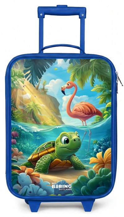 NoBoringSuitcases.com® - Kinderkoffer blauw - Kindertrolley jongen - Schildpad in tropisch water met flamingo - Koffer kind lichtgewicht - Reiskoffer trolley voor kinderen - Koffertje met lichtgevende wieltjes - Rolkoffer