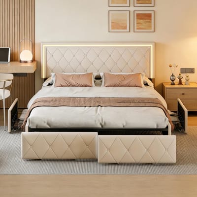 Gestoffeerd Dubbel Bed - Luxe Slaapmeubel - Ruimte Besparen - Vier Lades - 160x200 cm - Off-white