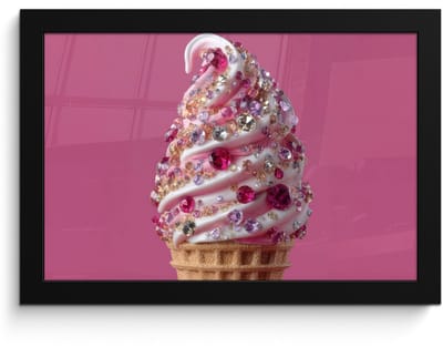 Poster in lijst - Fotolijst 30x20 cm - Posters - Softijs - Edelstenen - Roze - Hoorntje - Posterlijst zwart - Decoratie - Wanddecoratie woonkamer - Muurdecoratie slaapkamer