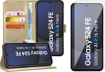 Hoesje geschikt voor Samsung Galaxy S24 FE - Screenprotector Glas - Portemonnee Book Case Goud