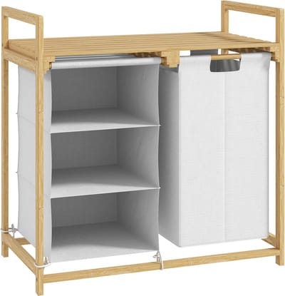 Waskorf - 70 x 36 x 70 cm - 4 Vakken Waskorb met 2 Uittrekbare en Verwijderbare Waszakken - 83L - Bambus - Wit