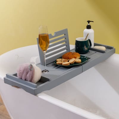 Luxe Badplank - Badrekje - Uitschuifbaar 75 tot 110 cm - Boekenhouder - Tablethouder - Bamboe Hout badplankje - Badrek