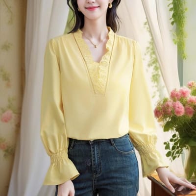 Franse Kant V-hals Chiffon Blouse voor Dames Nieuwe Losse Uitlopende Mouwen Dunne Temperament Pullover Effen Kleur Top 3XL geel