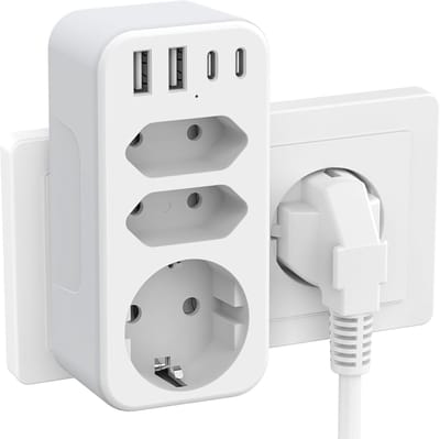 Wand-stekkerdoos met USB-C: adapter met 3 stopcontacten (3680 W, 16 A), voorzien van 2 USB-C- en 2 USB-A-poorten; inclusief schakelaar; geschikt voor thuis, op kantoor en op reis; compatibel met telefoons en tablets – Wit