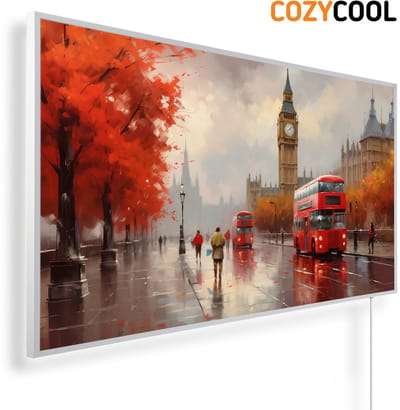 Infraroodpaneel met afbeelding | Olieverfschilderij straatbeeld Londen Big Ben | 1200 Watt | Witte lijst | Infrarood verwarmingspaneel | Infrarood paneel | Infrarood verwarming
