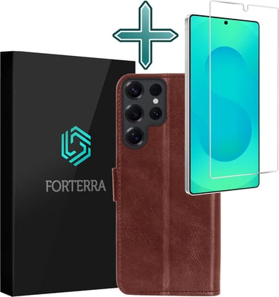 Hoesje Met Screenprotector - Geschikt voor Samsung Galaxy S25 Ultra - Luxe Pasjeshouder - Flipcase - Bookcase Portemonee - Flip Case - Kunstleer Book Case - Book Cover - Walletcase - Portemonneehoes - Bruin
