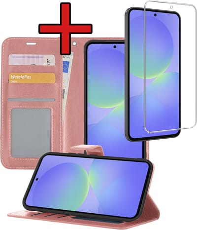 Hoesje - Met Screenprotector - Geschikt voor Samsung Galaxy A36 - Luxe Pasjeshouder - Flipcase - Bookcase Portemonee - Flip Case - Kunstleer Book Case - Book Cover - Walletcase - Portemonneehoes - Telefoonhoes - Rosé goud