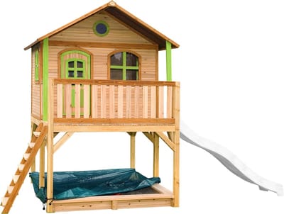 AXI Marc Speelhuis in Bruin/Groen - Met Verdieping, Zandbak en Witte Glijbaan - Speelhuisje voor de tuin / buiten - FSC hout - Speeltoestel voor kinderen