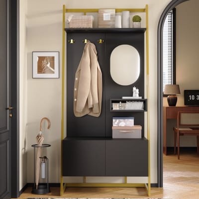 Kapstok met Spiegel – Open Garderoberek met Schoenbank & Haken – Minimalistisch Opbergmeubel voor Hal & Entree