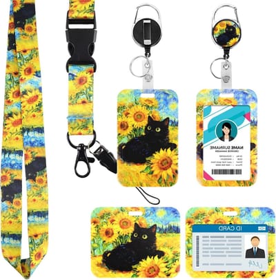 ID-kaarthouder met Lanyard - Kaartenhouder Halsband - Identificatie Dragen - Uittrekbare Badgehouder - 18 x 10 x 2 cm - Zonnebloemkat