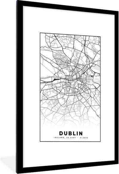 Fotolijst incl. Poster Zwart Wit- Dublin - Stadskaart - Zwart Wit - Plattegrond - Kaart - 60x90 cm - Posterlijst