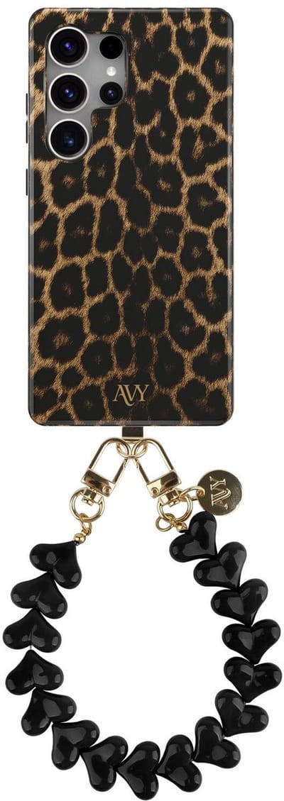 AVY Hoesje Met Telefoonkoord | Geschikt voor Samsung Galaxy S25 Ultra | Compatibel met MagSafe | Hard Shell Back Cover | Stijlvol Bijpassend Koord 30CM | Panther Hearts | Bruin
