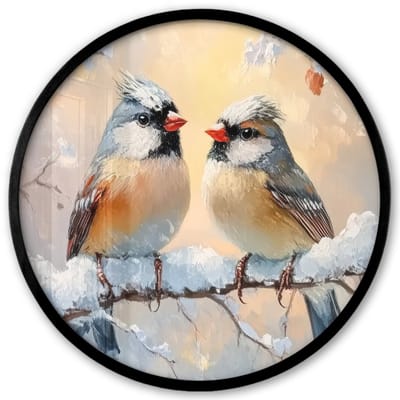 Poster in lijst Rond - Fotolijst 40x40 cm - Posters - Vogels - Tak - Winter - Sneeuw - Ronde posterlijst zwart - Decoratie - Wanddecoratie woonkamer - Muurdecoratie slaapkamer
