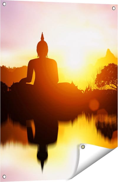 Gards Tuinposter Silhouet van Boeddha Beeld met Zonsondergang - 60x80 cm - Tuindoek - Tuindecoratie - Wanddecoratie buiten - Tuinschilderij