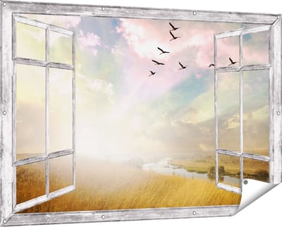 Gards Tuinposter Doorkijk Groep Vogels Vliegen Boven het Gras - 150x100 cm - Tuindoek - Tuindecoratie - Wanddecoratie buiten - Tuinschilderij