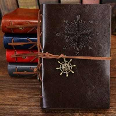 KELERINO. vintage Lederen Notitieboek met windroos  - Koffiekleur