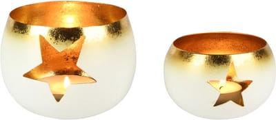 Dekoratief | Set 2 theelichthouders m/sterren, wit/goud, metaal, 13x13x10cm | A258191