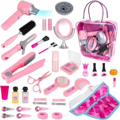 Speelgoedset voor Kinderen met Haar Salon Thema, Inclusief Make-up Tasje, Krultang en Styling Accessoires, Perfect Cadeau voor Creatieve Rollenspellen vanaf 3 Jaar