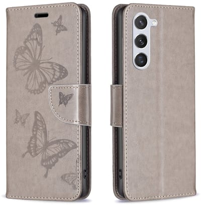 Voor Samsung Galaxy S24 5G reliëf twee vlinders patroon lederen telefoonhoes (grijs)