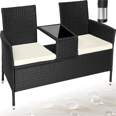 tectake® Wicker Tuinbank met Tafel - 2-zits Tuinstoelen - 133 x 63 x 84 cm - UV- en Weerbestendige Bank voor Tuin, Balkon en Terras - Tuinbank inclusief Zitkussen - Zwart/Beige