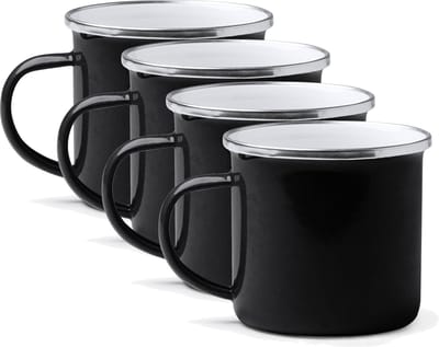 Set geëmailleerde mokken, 380 Ml. koffie/thee/warm/koude dranken | retro design effen kleuren | vintage camping, picknick of reisbekers | Lichtgewicht, draagbaar en herbruikbaar