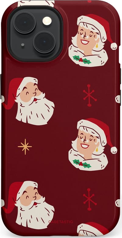 Casetastic hoesje geschikt voor Apple iPhone 15 - MagSafe - Dubbellaagse bescherming - Mr. & Ms. Santa - Kerst - Fashion Case - Bordeaux Lichtgrijs Taupe
