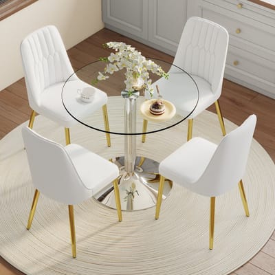 MODENUIT Eettafelset 85 cm - Ronde Glazen Tafel met 4 Stoelen - Eetkamer en Keuken - Glas Metaal PU - Wit Goud