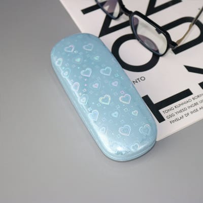 Hoogwaardig brillenetui met harde schaal, kleurrijk hartvormig holografisch ontwerp, unisex, geschikt voor studenten en volwassenen, met een minimalistische, meisjesachtige stijl,Hartblauw