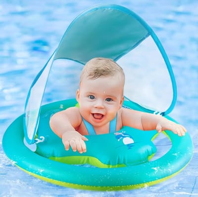 BIXc®- Zwemband voor baby's, met dubbele airbag en UPF50+ zonnedak, babyzwemband, verstelbaar opblaasbaar zwemzitje, zwemtrainer, babyfloat, voor kleine kinderen vanaf 6 - 36 maanden