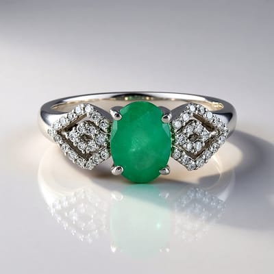 Cavill - Gouden Ringen 585 Witgoud - Braziliaanse Ovale Smaragd 1,08 ct - 42 Ronde Briljant Diamanten 0,198 ct - Exclusieve Elegante Ring