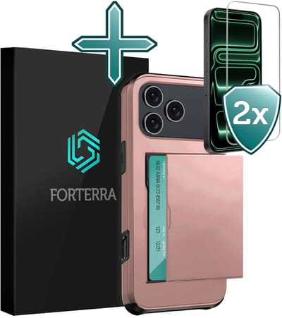 Hoesje Geschikt voor iPhone 17 Pro Pashouder Hard Case Hoes Met 2x Screenprotector - Hoes Geschikt voor iPhone 17 Pro Hoesje Back Cover Met Pasjeshouder - Rosé goud