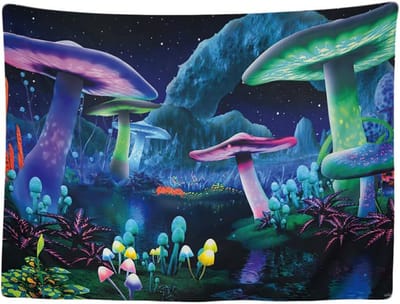 Ulticool - Psychedelische Paddenstoel Hemel - Tapestry Mushroom Bos Figuren Decoratie Paddo's - Magic Mushroom Glow in the Dark - Fluor Neon Paddestoel - Wandkleed - 200x150 cm - Groot wandtapijt - Poster